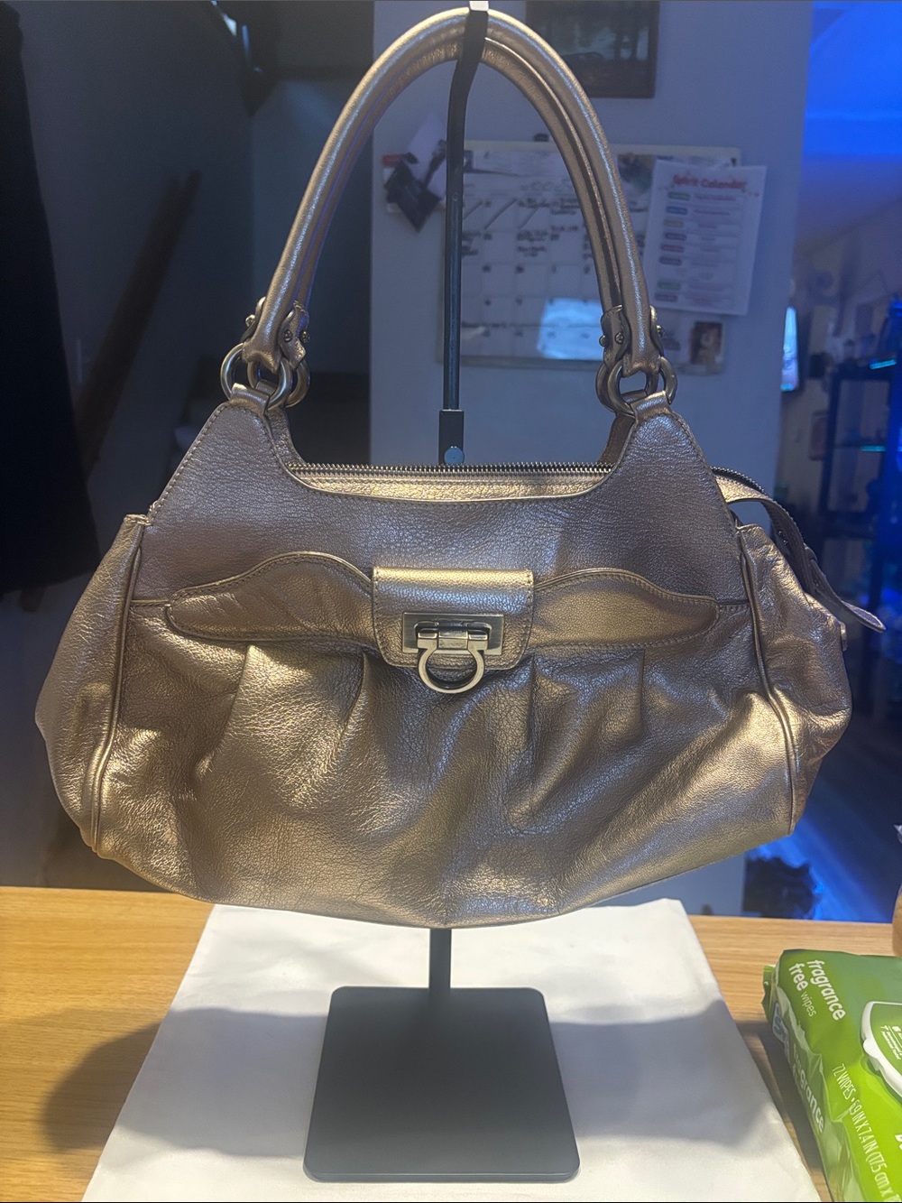 Salvatore Ferragamo Metallic Taupe Leather Shoulder Bag